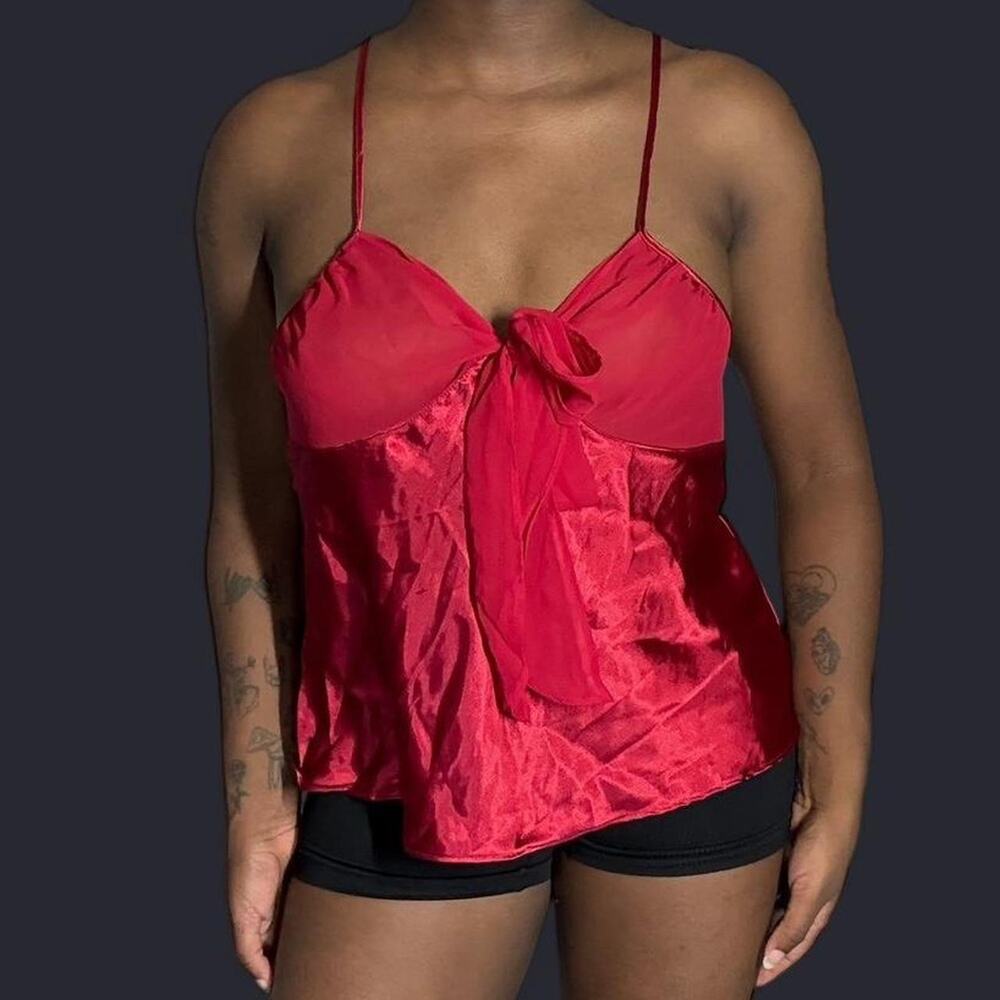 Red silk satin bow tie top